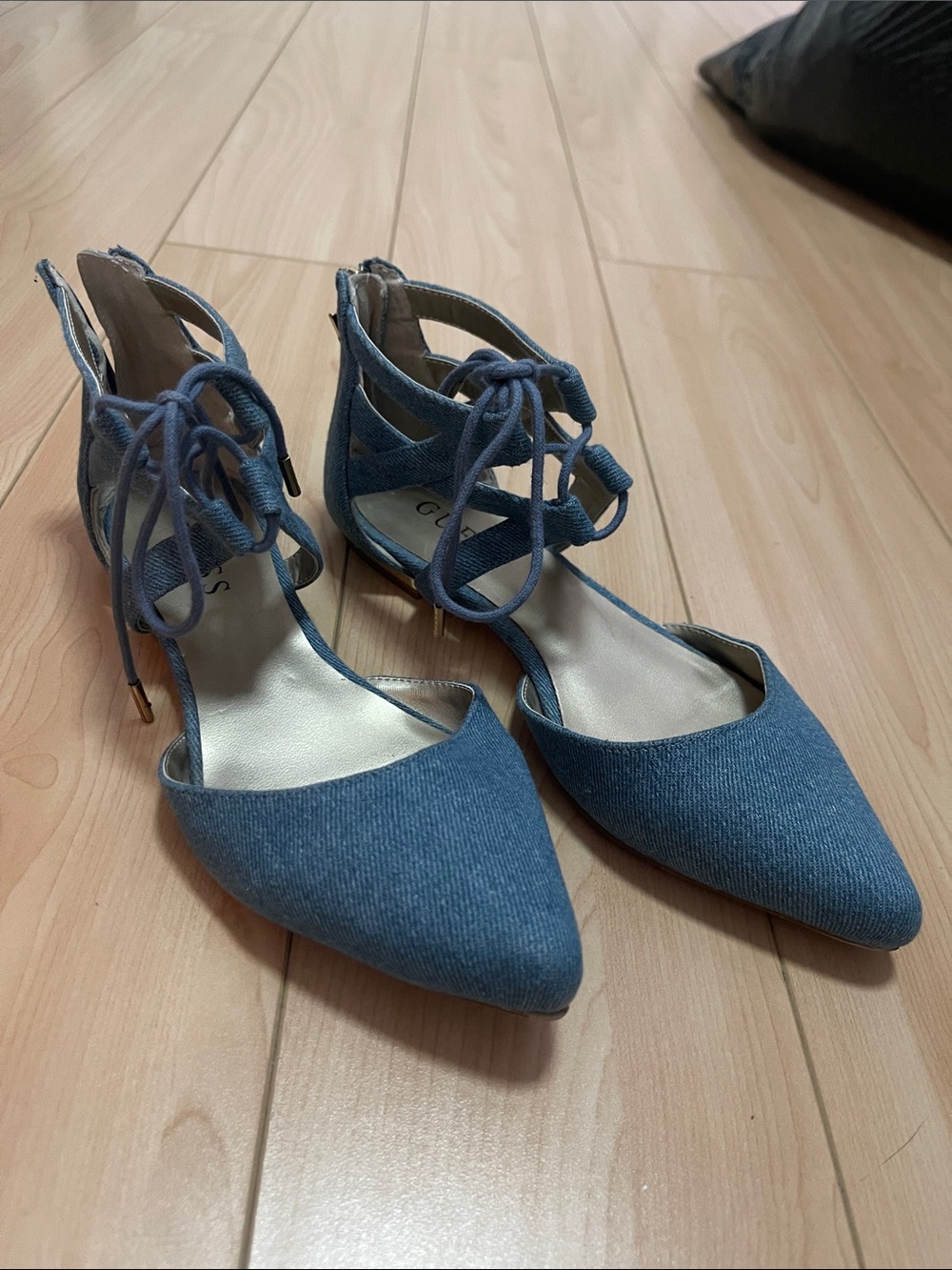 Guess Denim-Look Pointed Toe Lace-Up Flat in Gold Accent